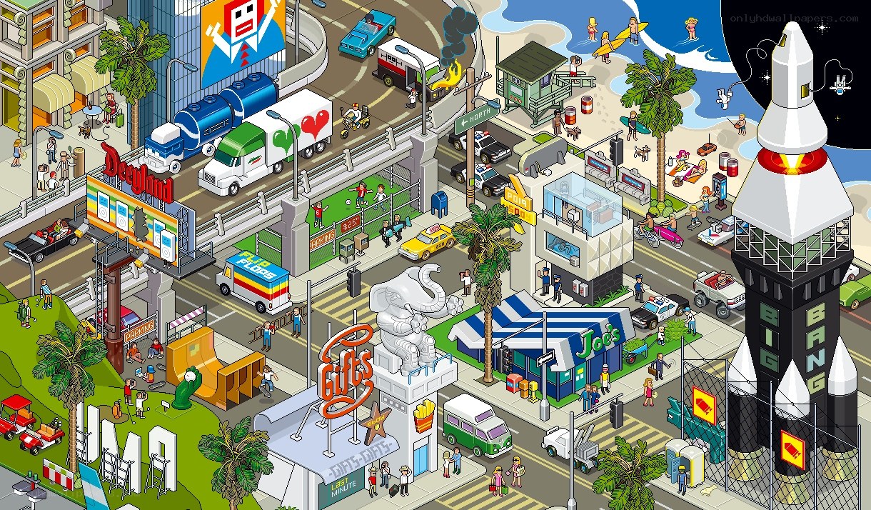 Pixel art city scene