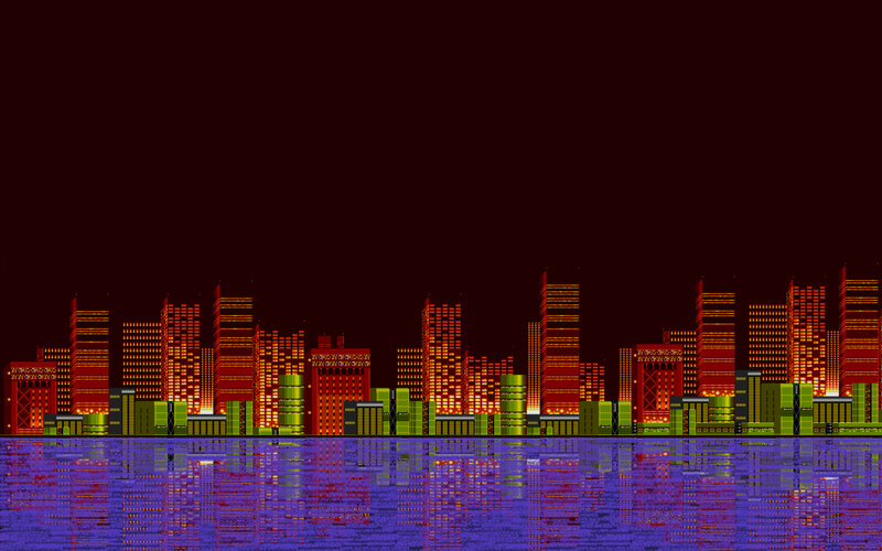 pixel art city skyline at night