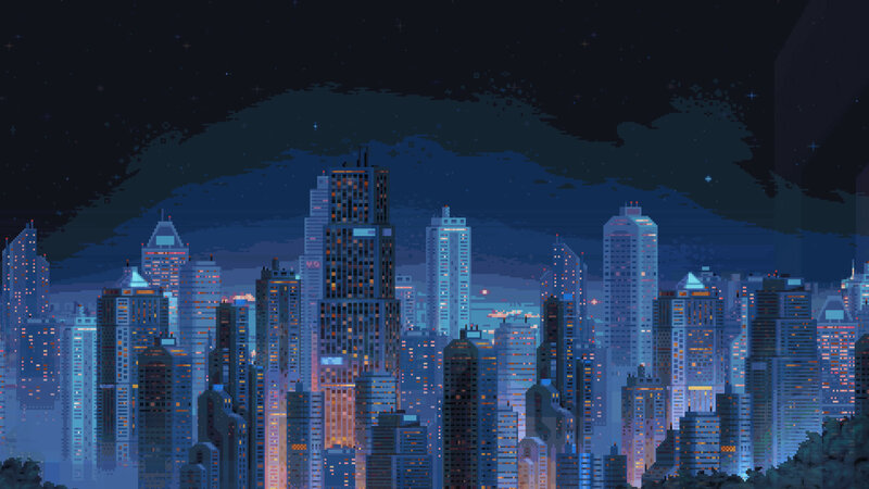 Pixel Art City Skyline — Blue, Calm