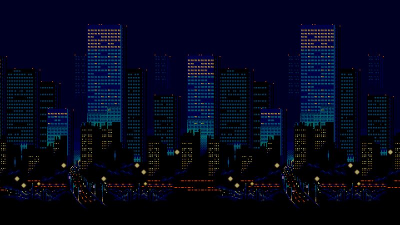 Pixel Art City Skyline — Blue, Dark