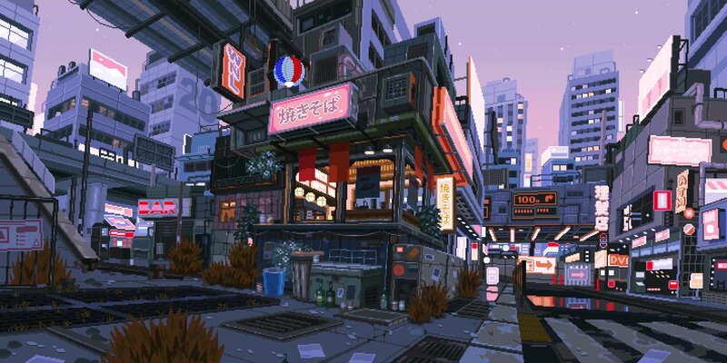 Pixel Art City Street — Purple
