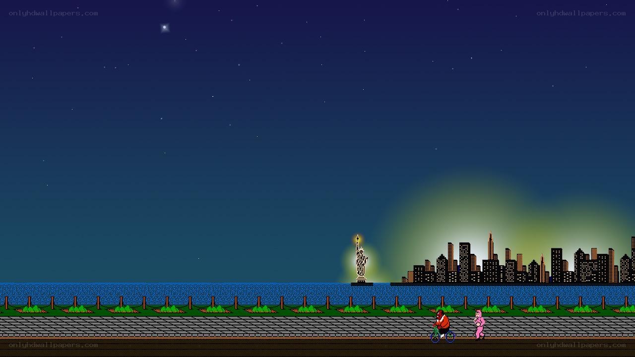 Pixel art cityscape at night