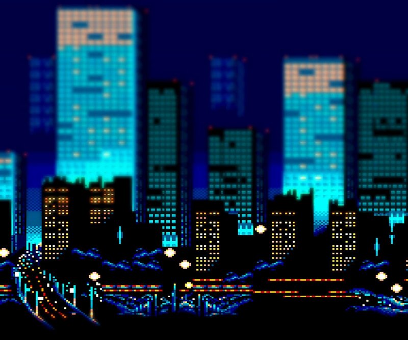 Pixel Art Cityscape — Blue