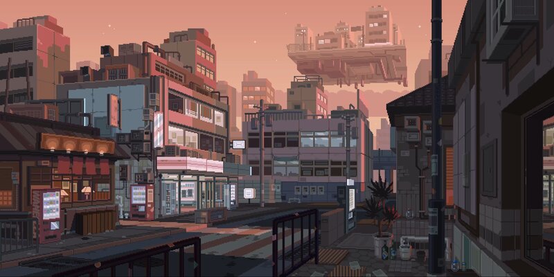 Pixel Art Cityscape — Pink, Serene, Sunset