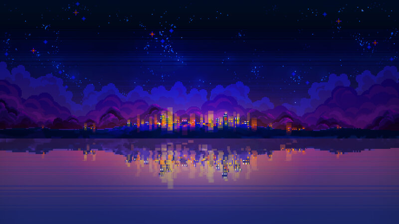 Pixel Art Cityscape — Purple, Serene