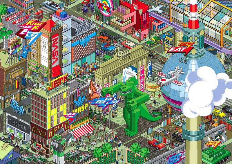 Pixel art cityscape with dinosaur