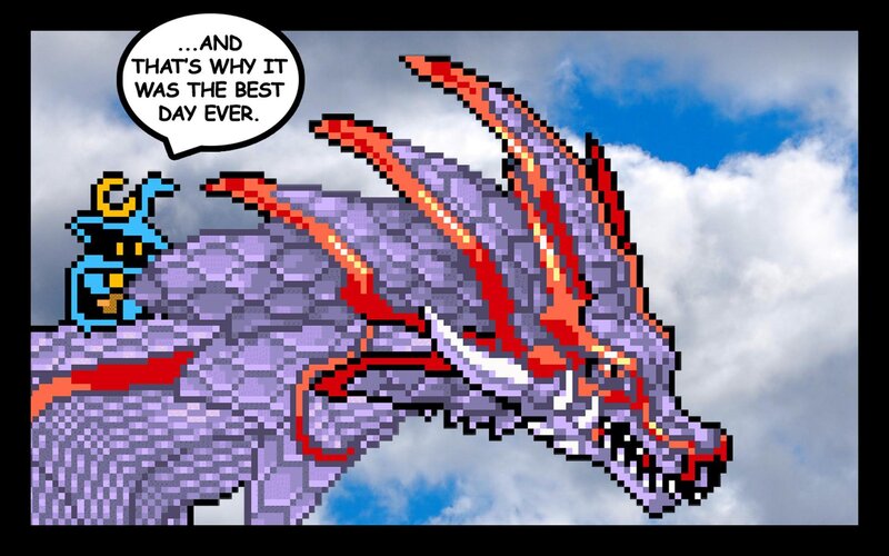 Pixel art dragon comic panel