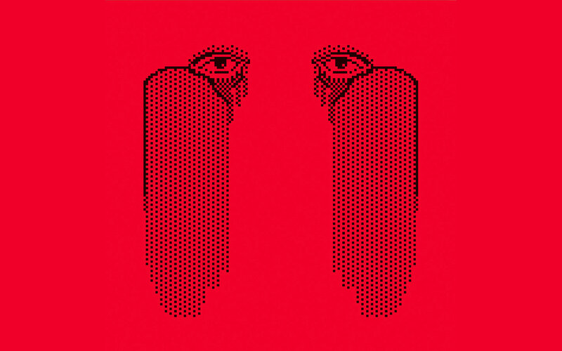 Pixel art eyes on red