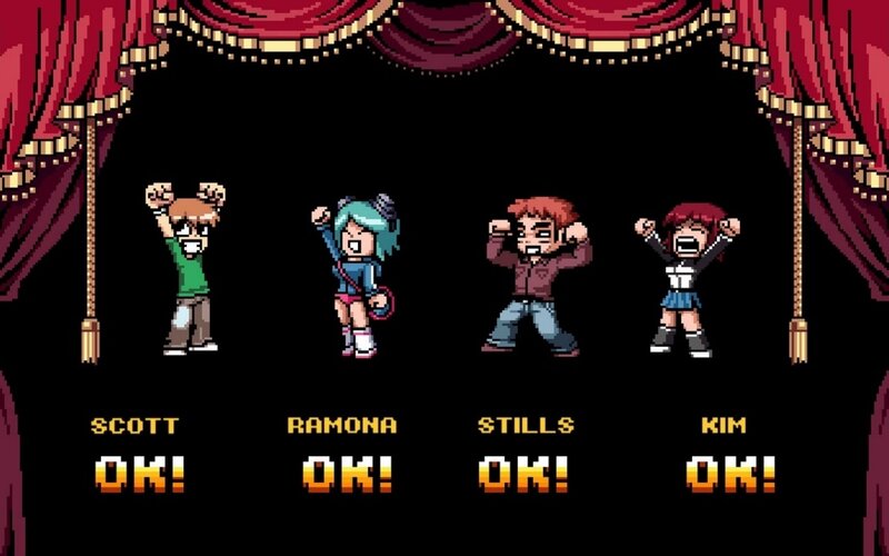Pixel art game characters on stage