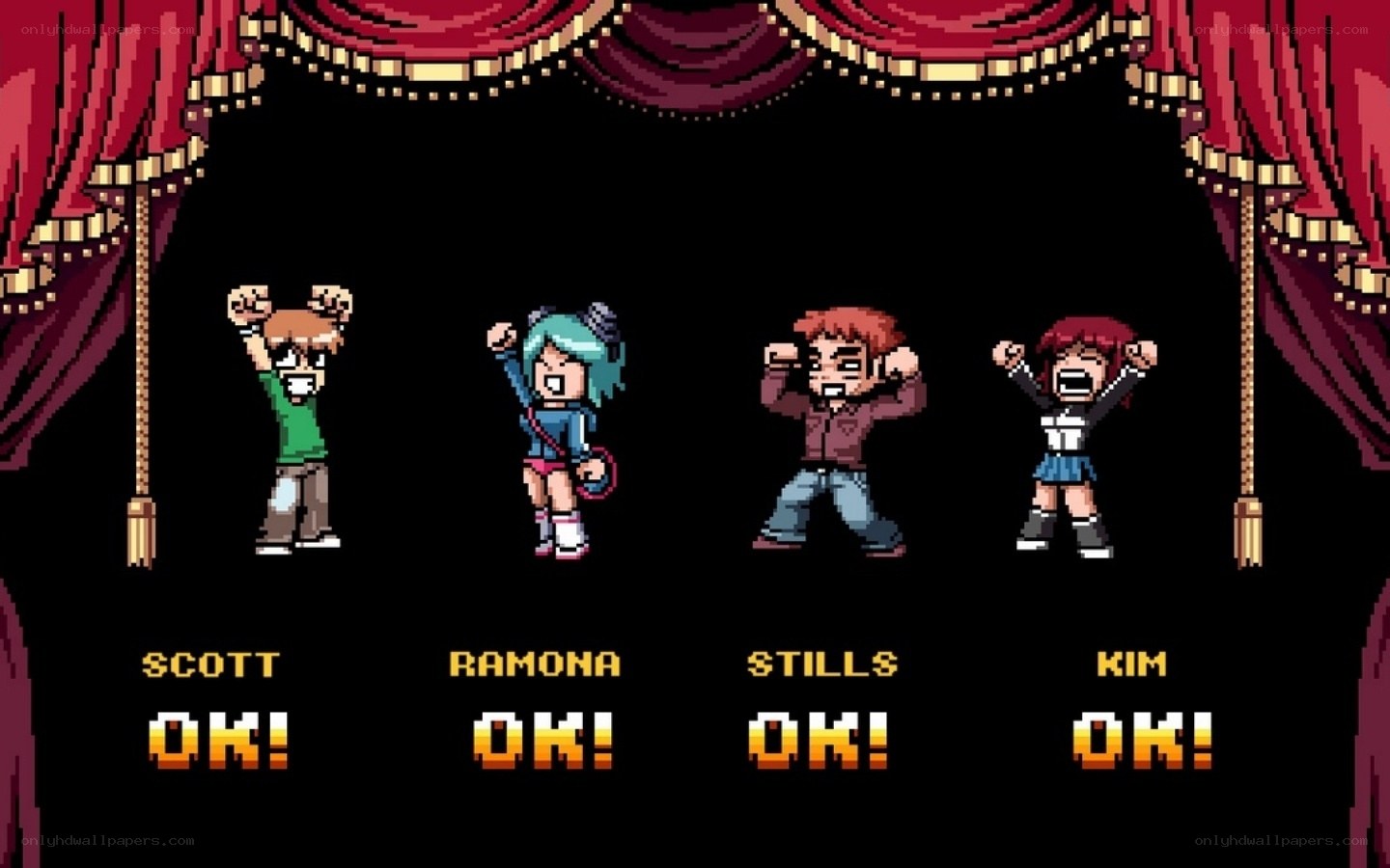 Pixel art game characters on stage