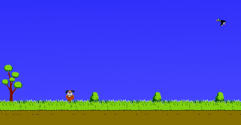 Pixel art game scene with dog and duck
