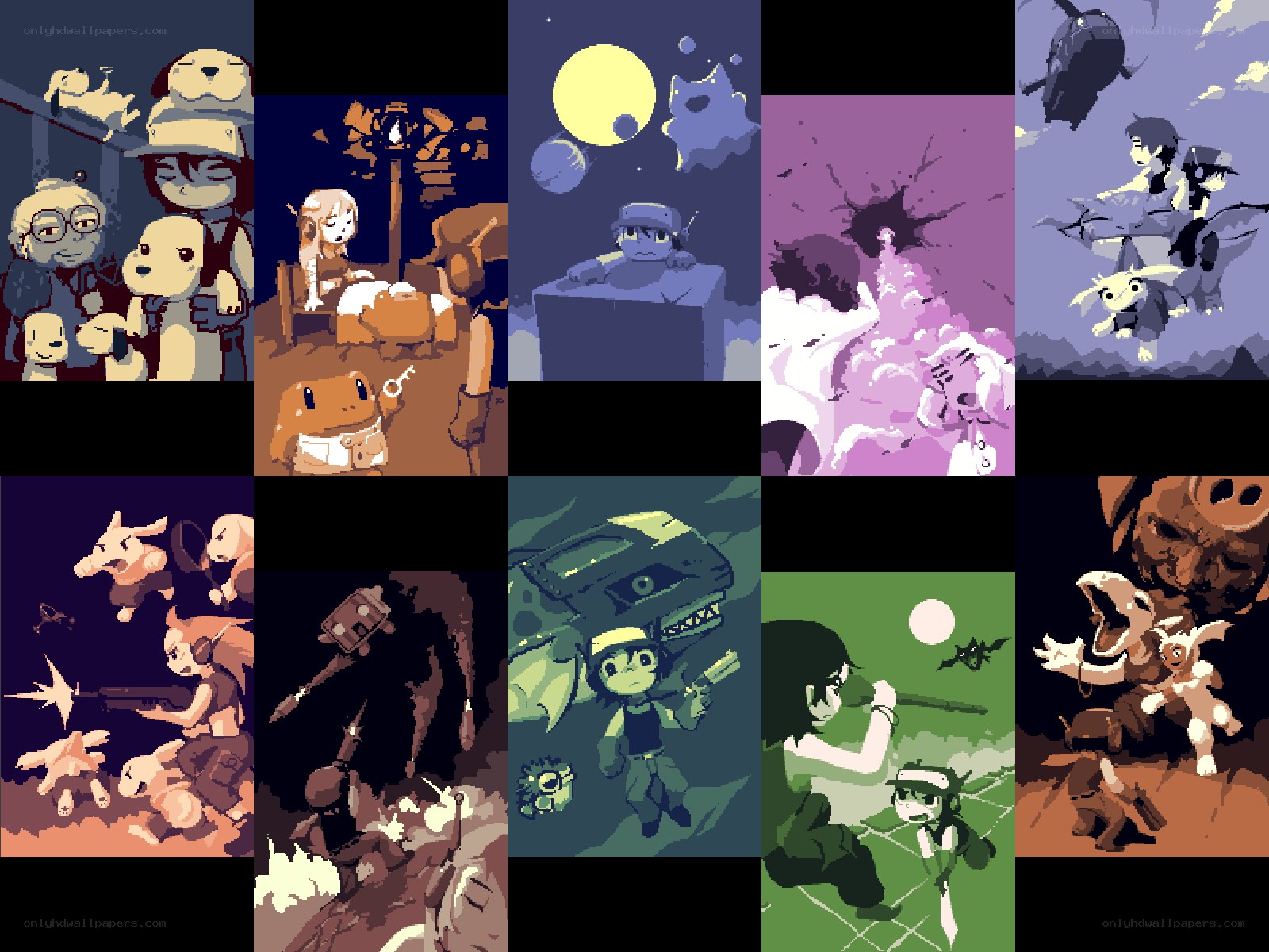 Pixel art game scenes collage