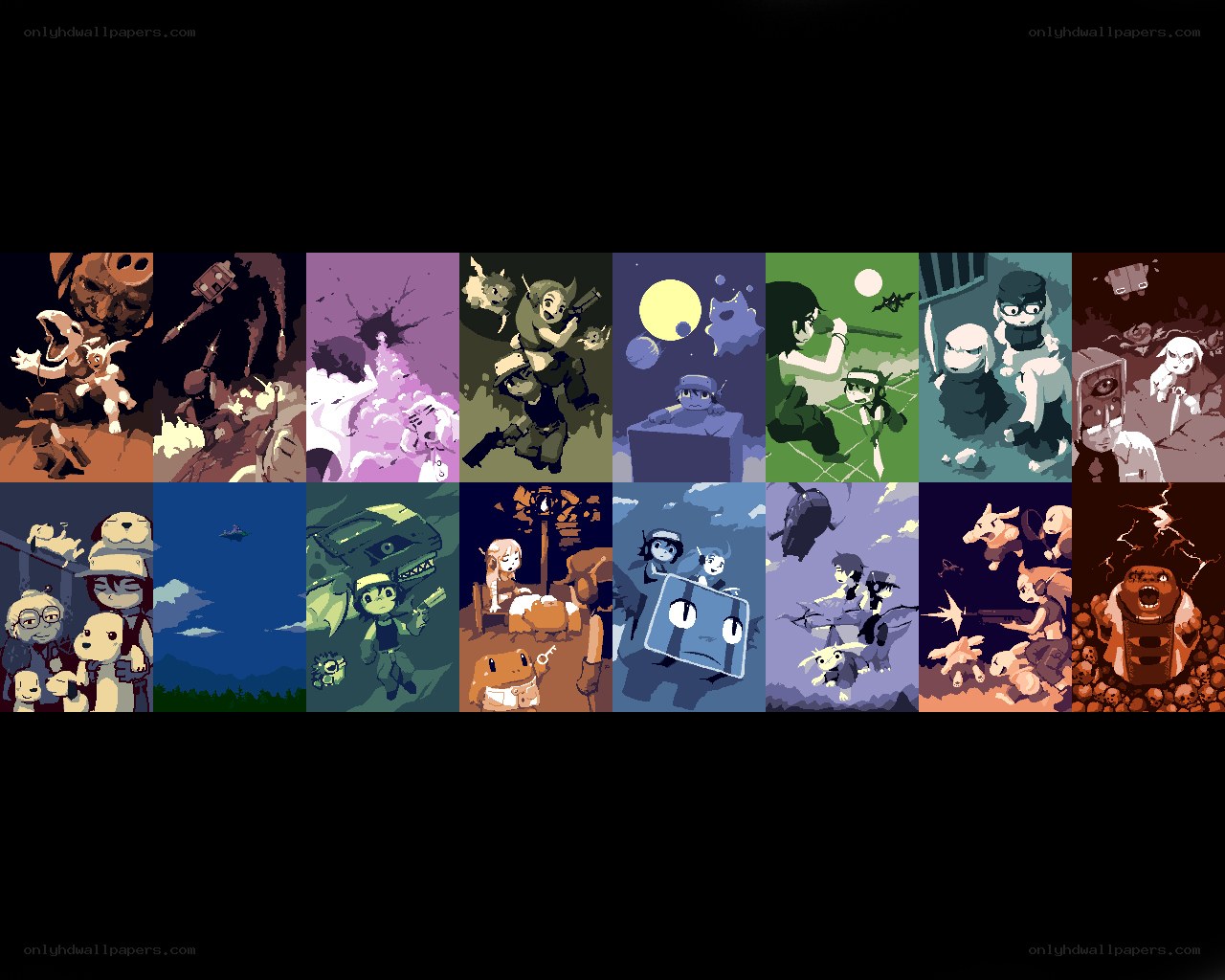 Pixel art game scenes collage