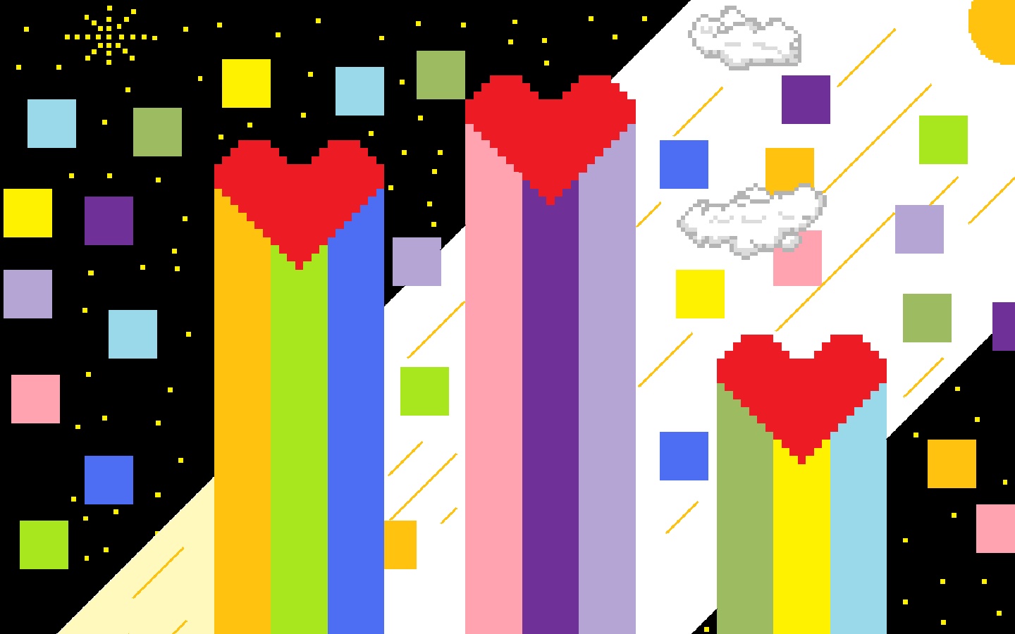 Pixel art hearts and rainbows