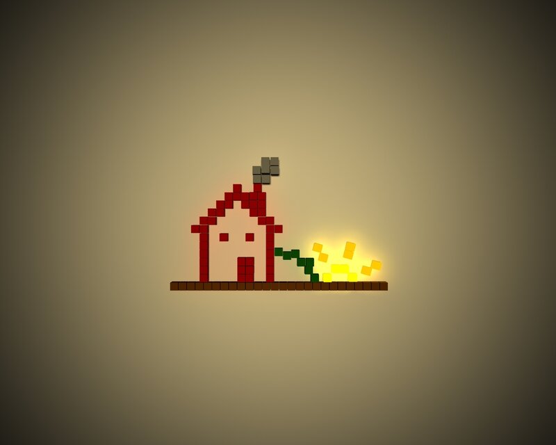 Pixel art house with fire