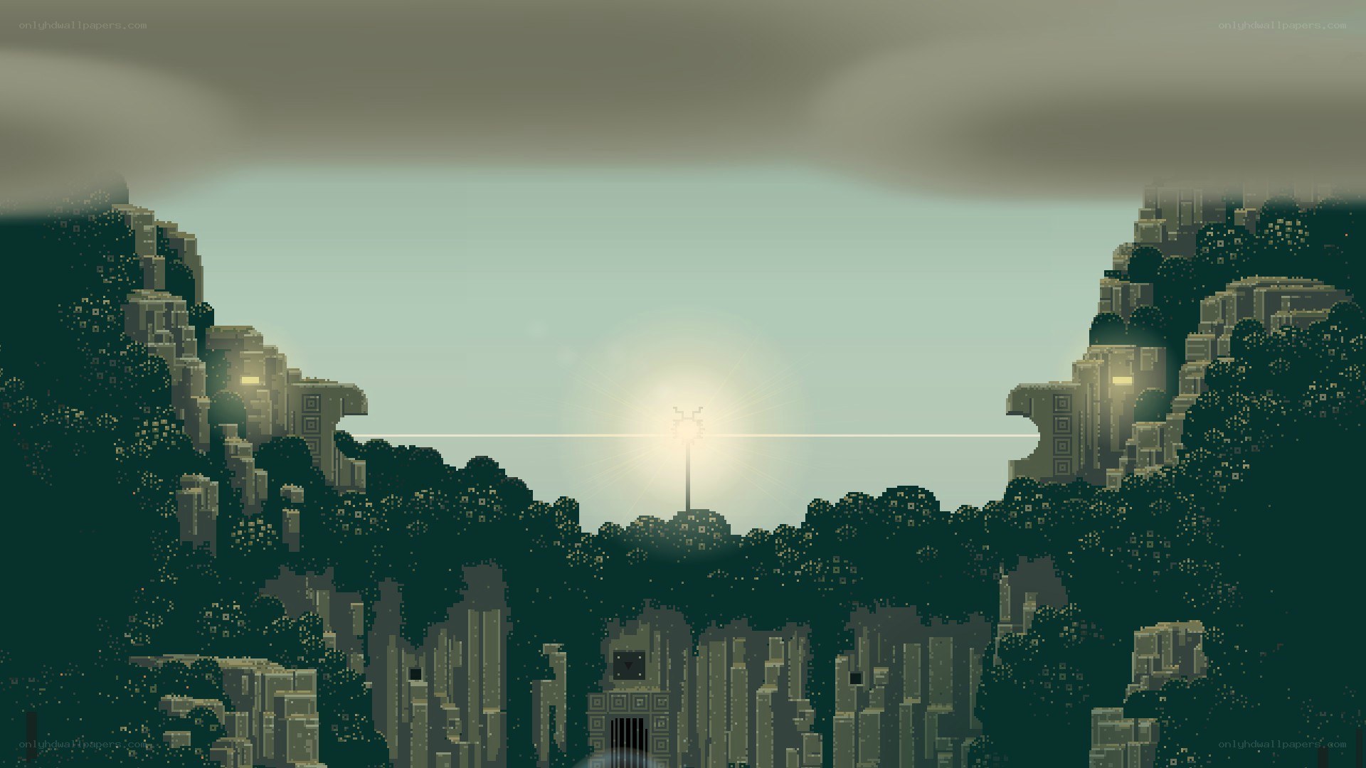 pixel art landscape with sun