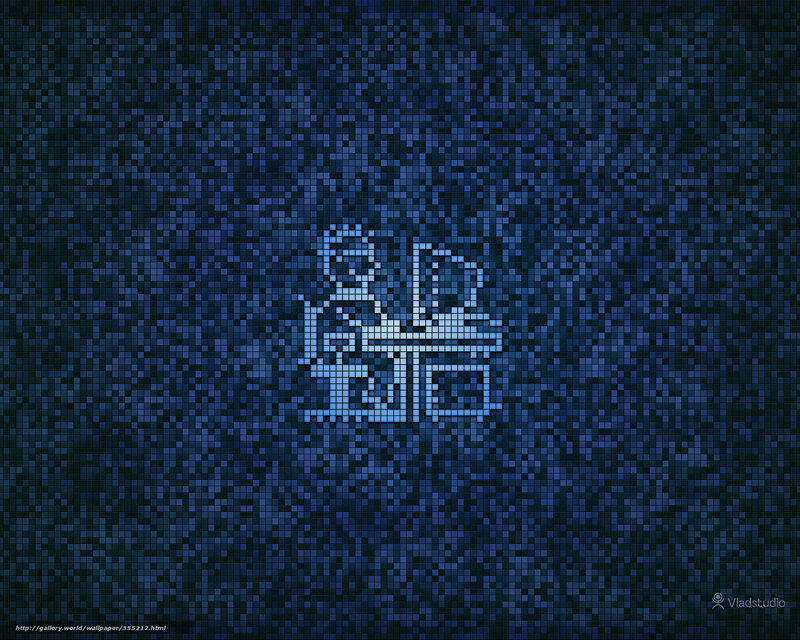 pixel art logo on blue background
