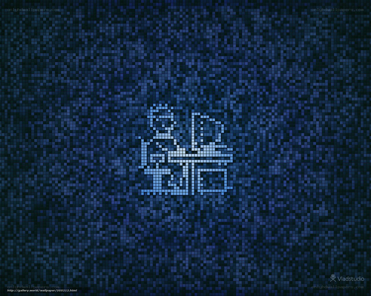 pixel art logo on blue background