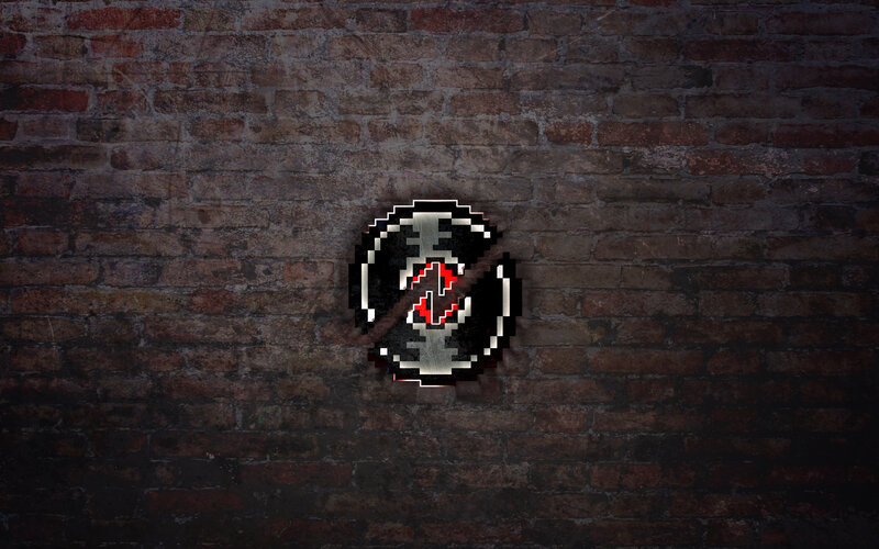 pixel art logo on brick wall