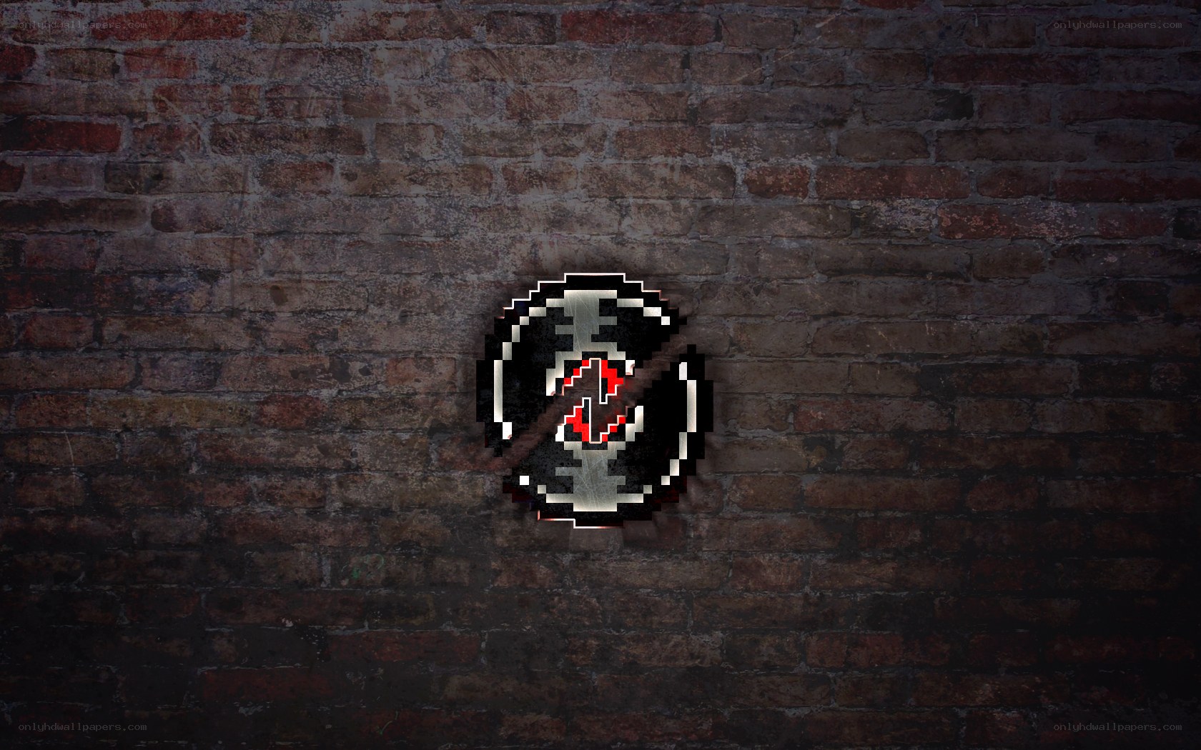 pixel art logo on brick wall