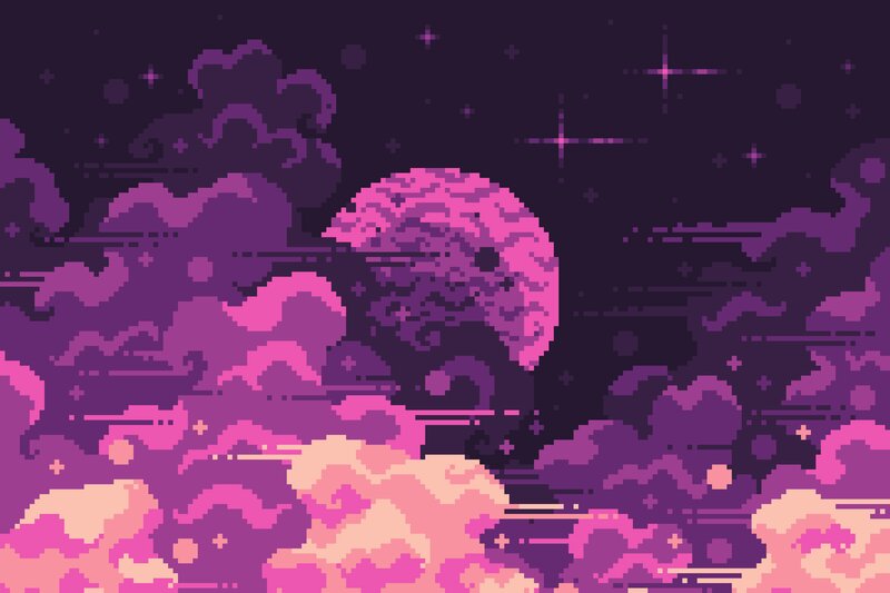 Pixel Art Moon and Clouds