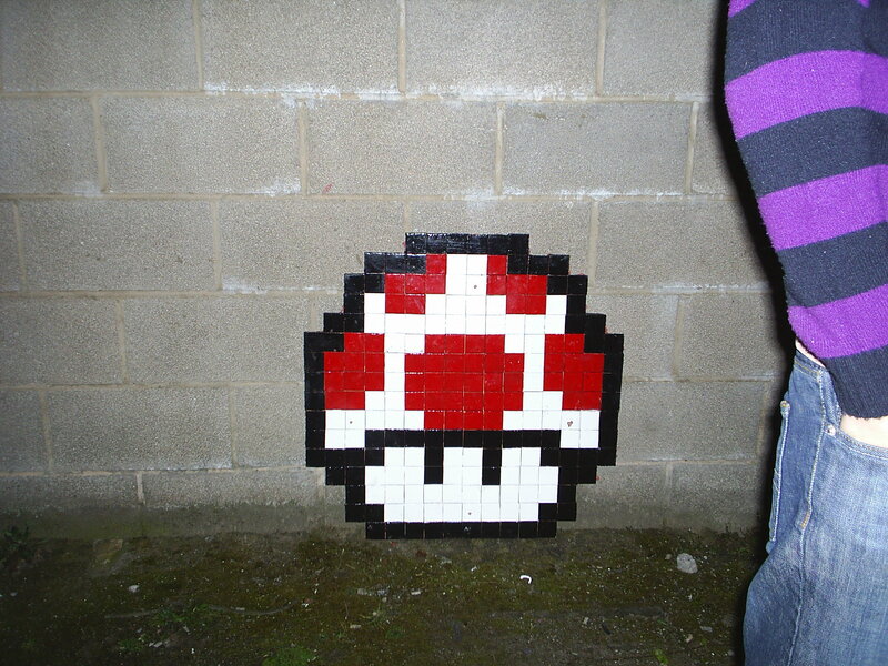 Pixel art mushroom on wall