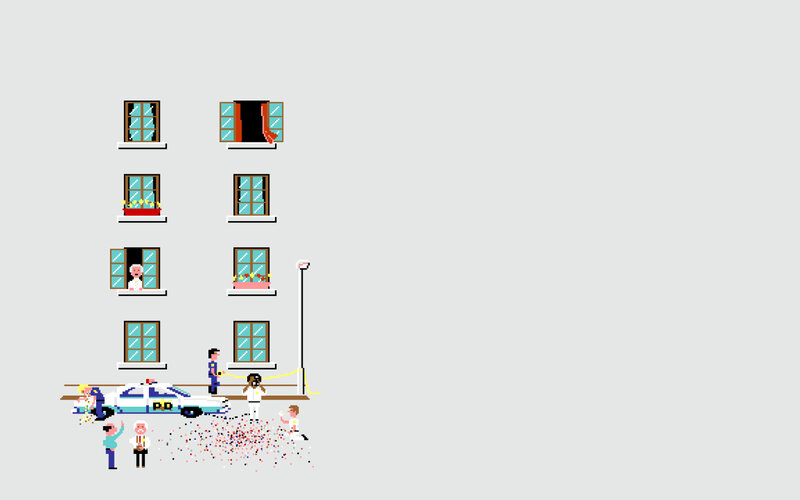 Pixel art of a building scene