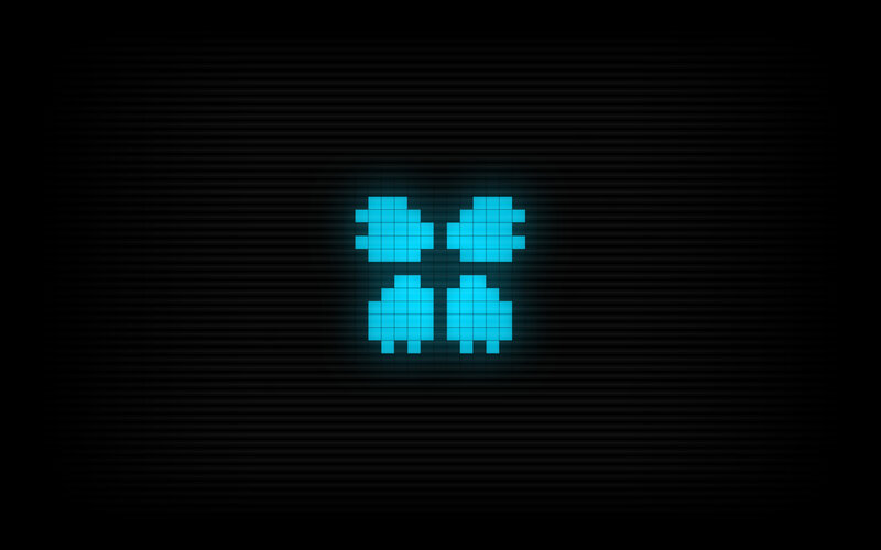 pixel art of four blue figures