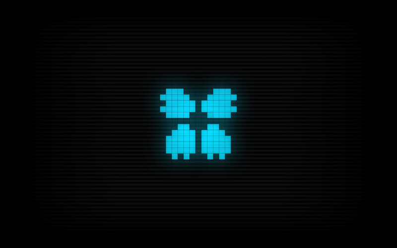 pixel art of four blue figures