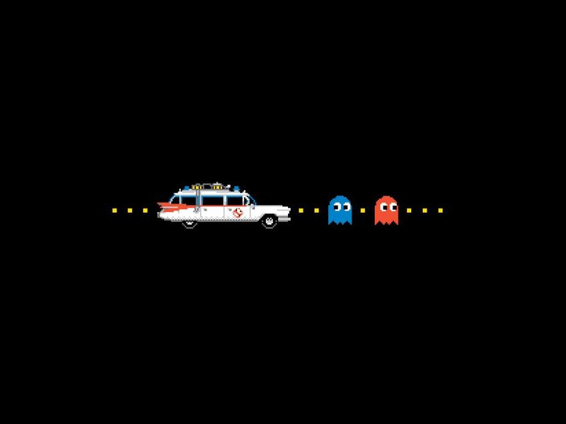 Pixel art of Ghostbusters car and ghosts
