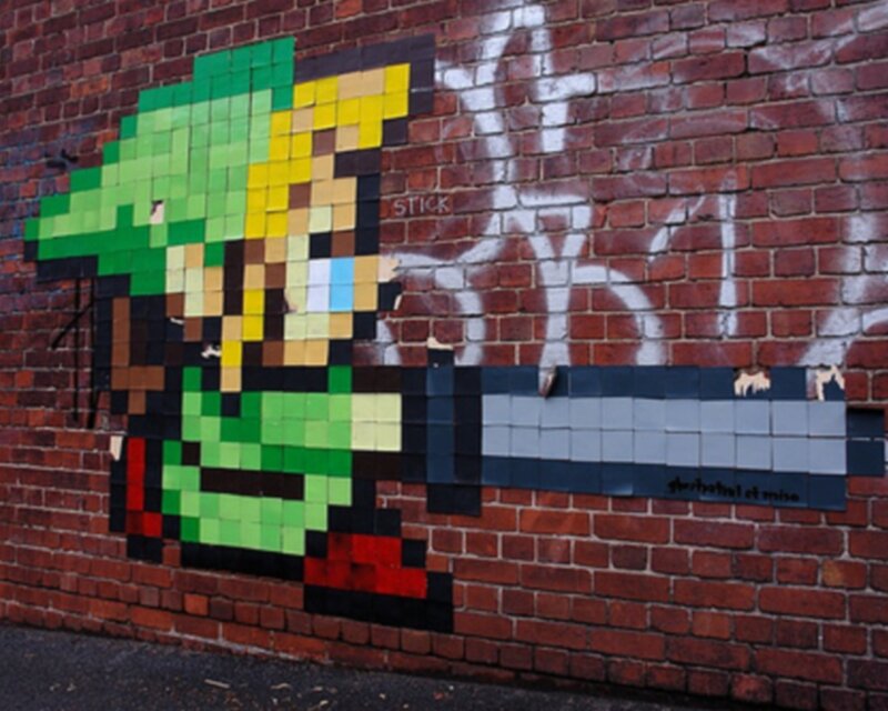 pixel art of link on brick wall