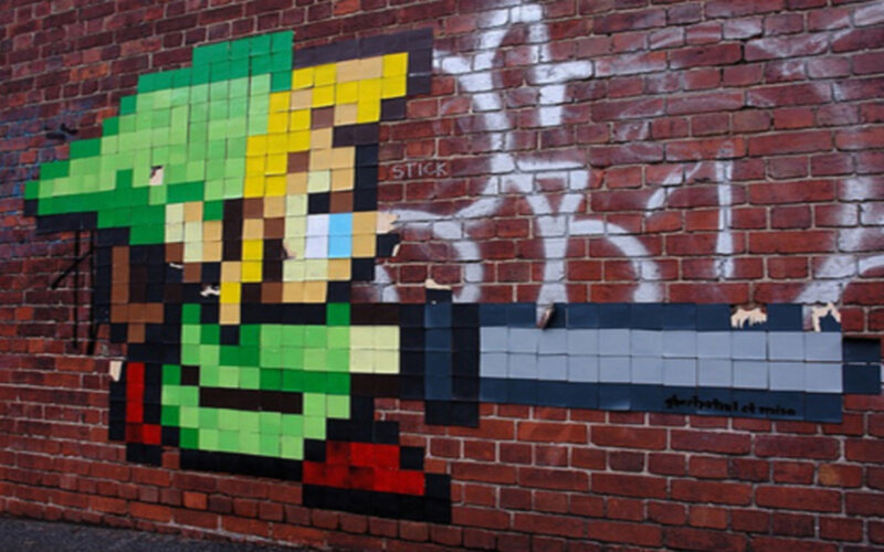 pixel art of link on brick wall