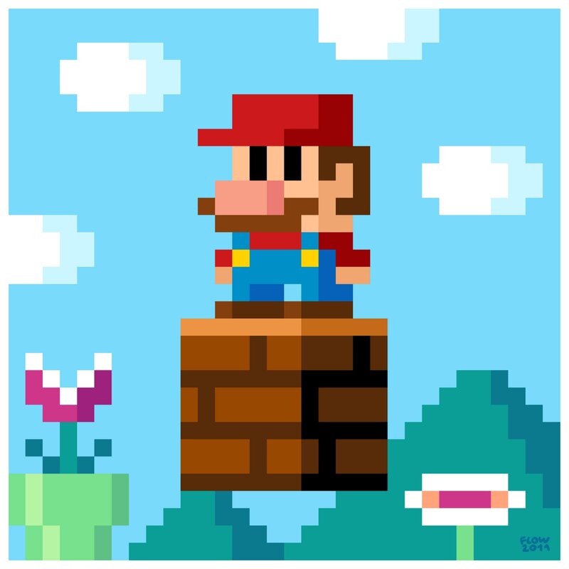 Pixel art of Mario on a pipe