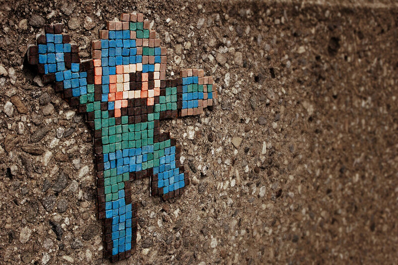 Pixel art of Mega Man on pavement