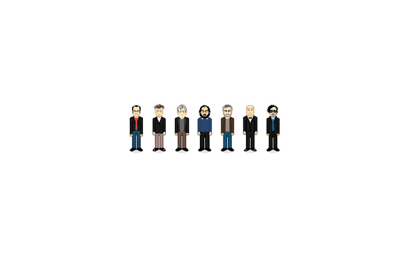 Pixel art of seven men
