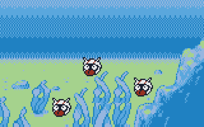 Pixel art of three creatures in water