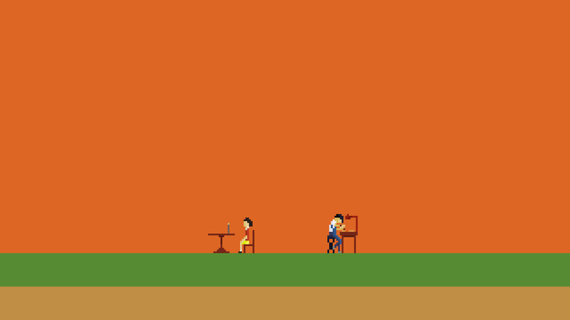 Pixel art of two people at tables