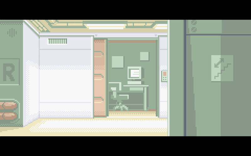 pixel art office hallway
