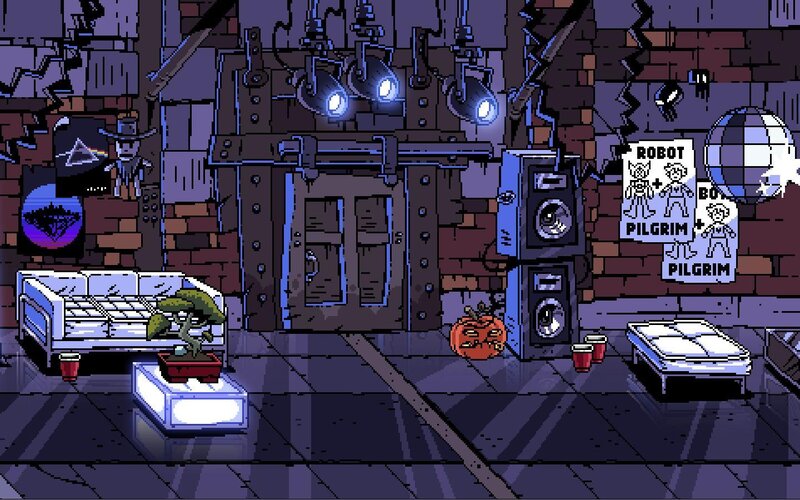 Pixel art room with posters