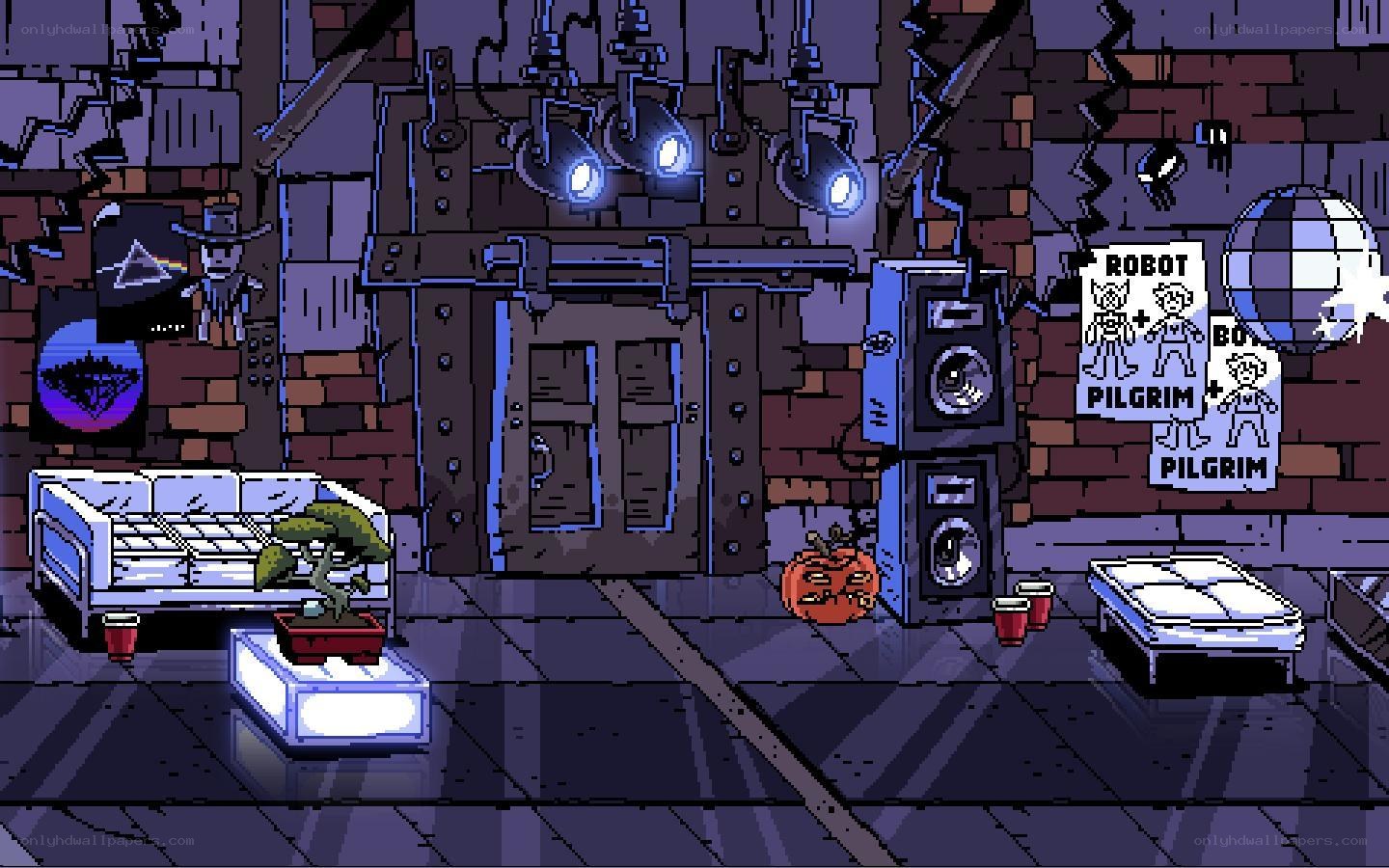 Pixel art room with posters