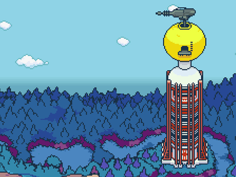 Pixel art tower in forest