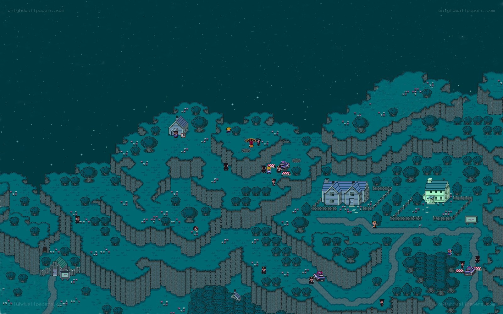 Pixel art village at night