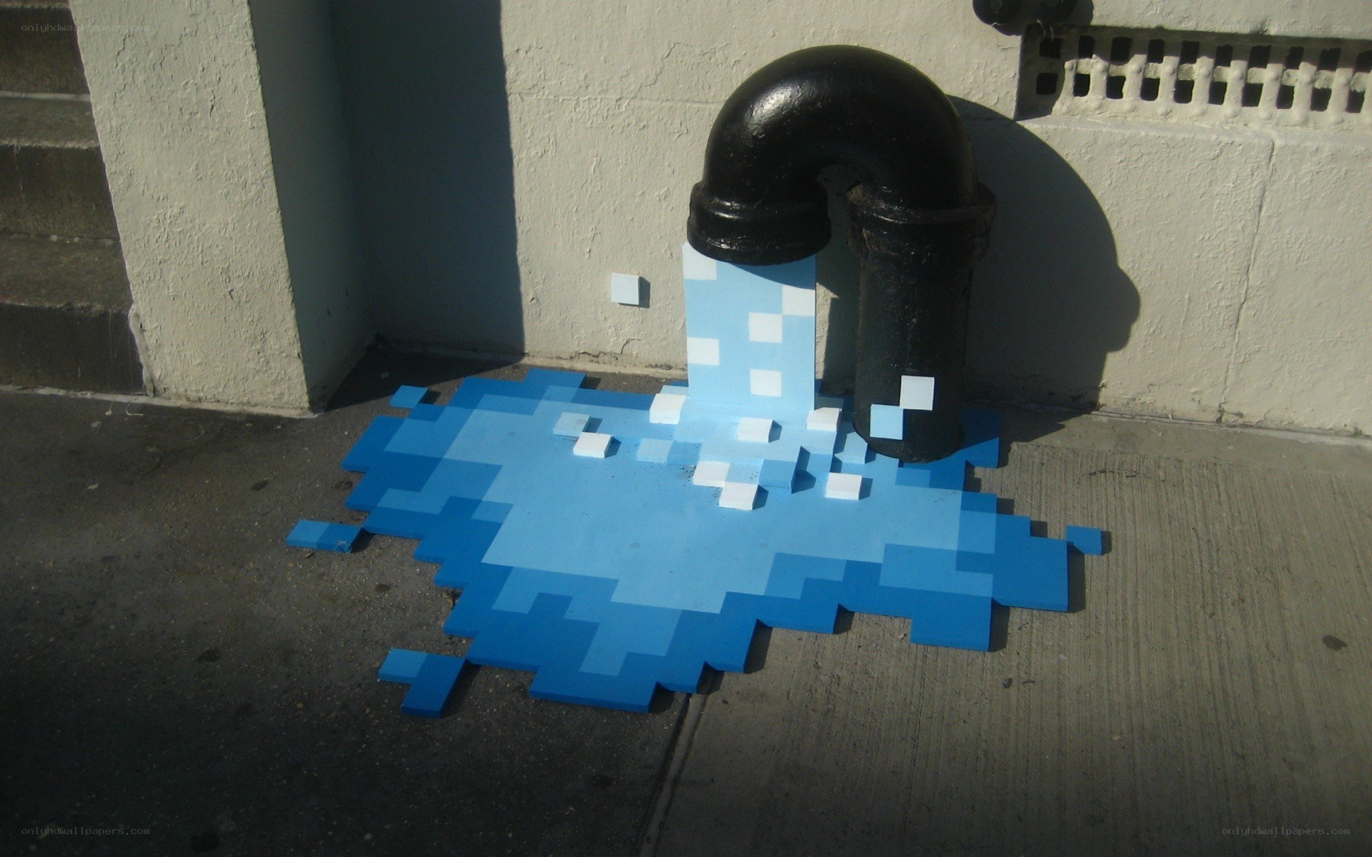 Pixel art water leak on sidewalk