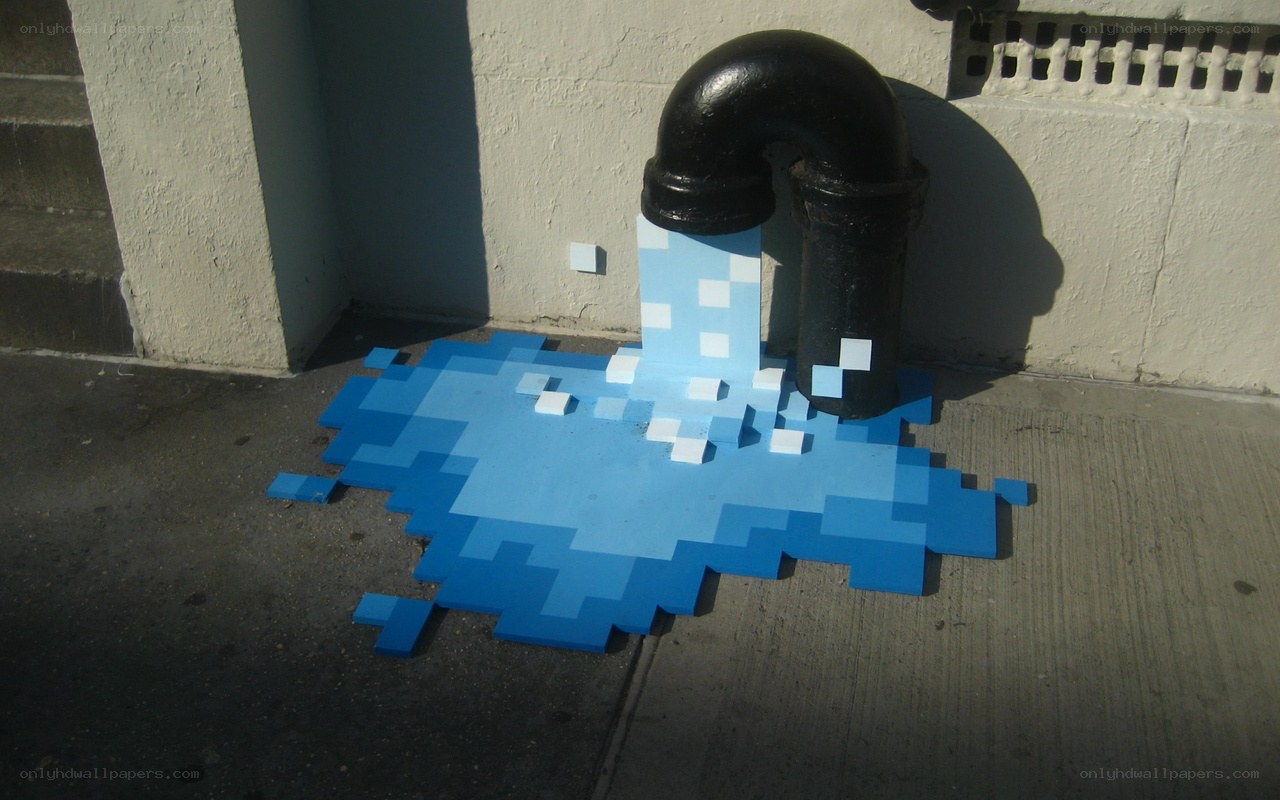 Pixel art water leak on sidewalk
