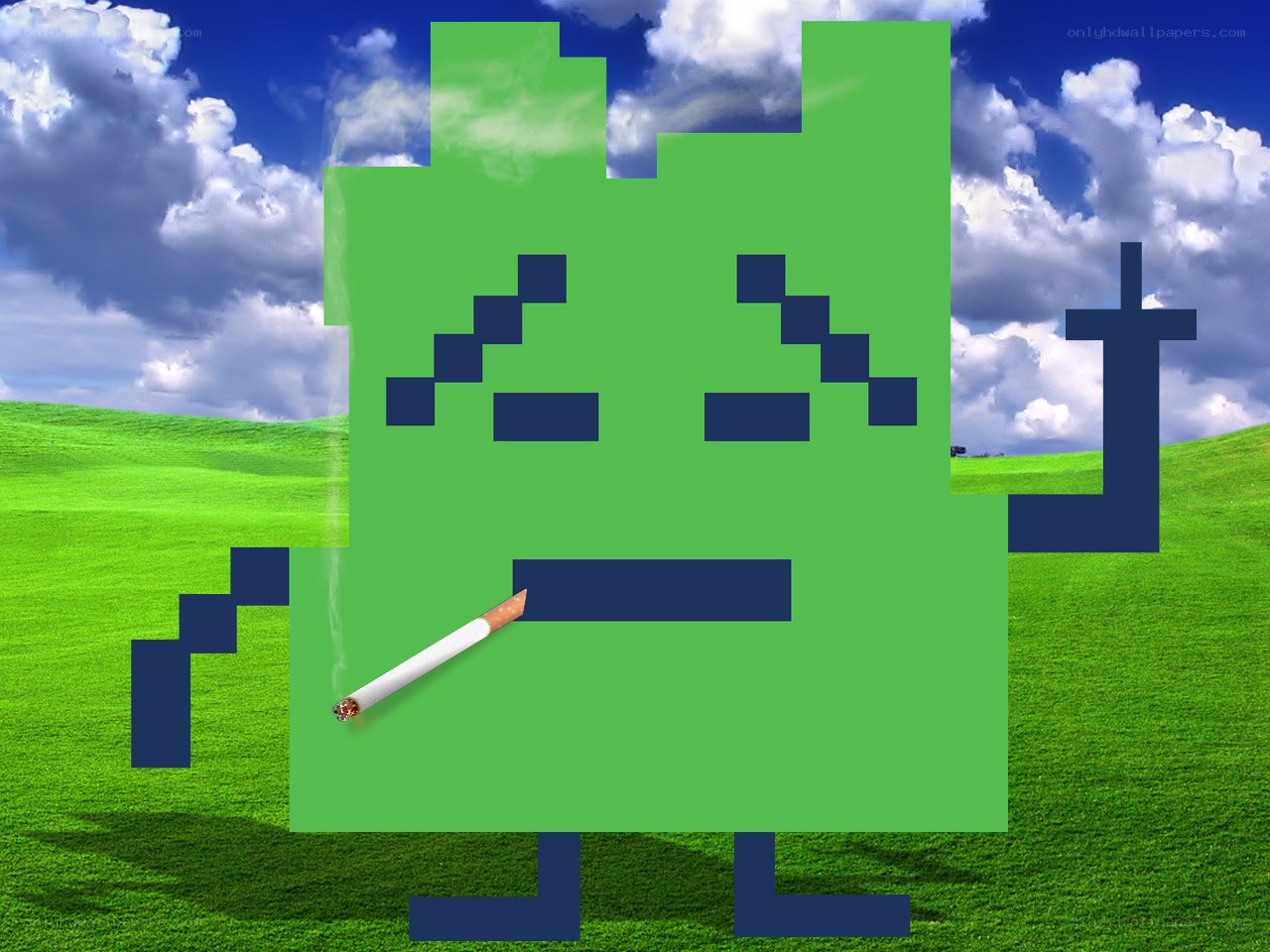 Pixel character smoking in field