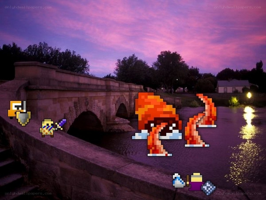 Pixel characters on a bridge at dusk