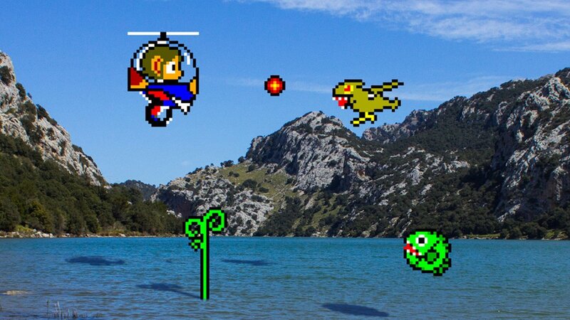 Pixel characters over a lake