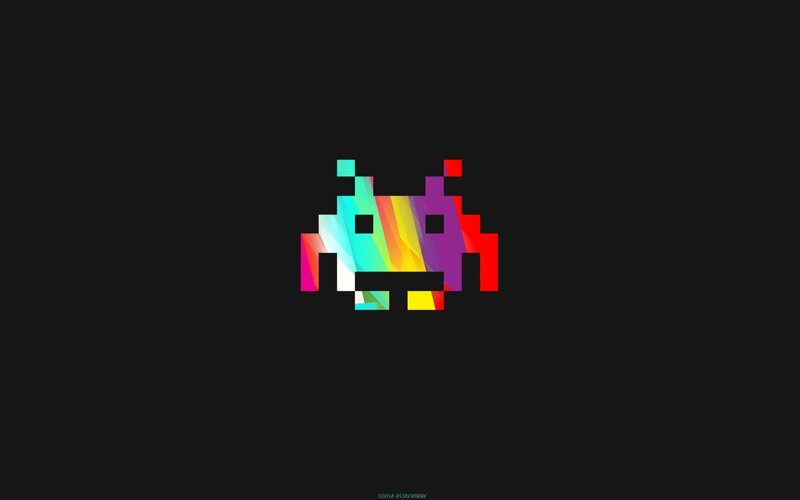 Pixelated Alien Character — Black, Minimalist, Pixel Art, Rainbow Colors