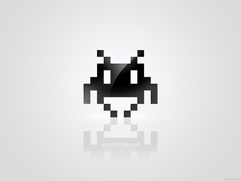 Pixelated Alien Character — Black, Minimalist, Pixel Art, Reflection, Text
