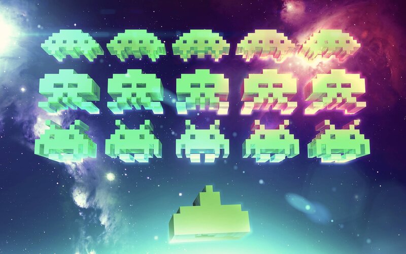 Pixelated Alien Invaders — Green, Cosmic